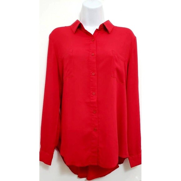 Women's Long Sleeve Shirt Medium Roll Tab Button Up Blouse Red Ambiance Apparel - Picture 1 of 12
